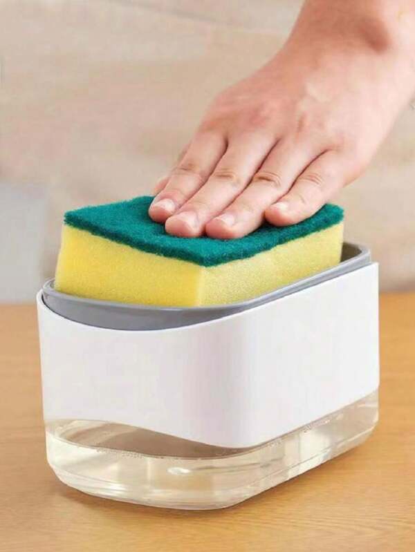 1 pieza Dispensador de jabón para platos, 1 pieza Dispensador de jabón de cocina 2 en 1 con estante para esponja, Dispensador de líquido para lavavajillas de cocina, Electrodomésticos de cocina inteligentes, Organizador de encimera para fregadero, Dispensador de jabón para lavavajillas para fregadero de cocina, Cepillo para limpiar ollas, Útil para limpieza de utensilios de cocina, Decoración de baño de verano