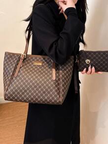 2 件大容量托特包套装，包括钱包和单肩包，适合中年女性的时尚手提包，妈妈和我匹配的女士包，最佳母亲节礼物创意，书包套装，便携，经典休闲，商务休闲，适合少女、女大学生、白领、大学，非常适合办公室、小学 - 棕色 - 查看 3