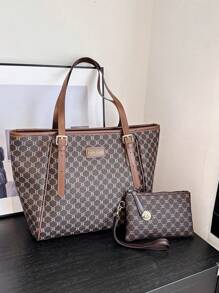 2 件大容量托特包套装，包括钱包和单肩包，适合中年女性的时尚手提包，妈妈和我匹配的女士包，最佳母亲节礼物创意，书包套装，便携，经典休闲，商务休闲，适合少女、女大学生、白领、大学，非常适合办公室、小学 - 棕色 - 查看 1