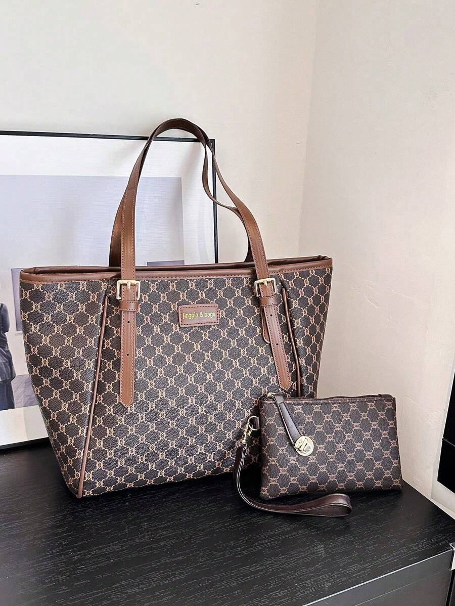 2 件大容量托特包套装，包括钱包和单肩包，适合中年女性的时尚手提包，妈妈和我匹配的女士包，最佳母亲节礼物创意，书包套装，便携，经典休闲，商务休闲，适合少女、女大学生、白领、大学，非常适合办公室、小学 - 棕色 - 查看 1