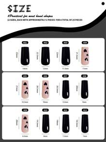 24入組長方形指甲貼片，冬季和浪漫情人節主題，純黑色和金色閃爍條紋，嬌小的心形和閃亮金屬，簡約設計，附有果凍膠和指甲文件，完全覆蓋式指甲貼片套裝，適用於派對、舞會和日常使用。按壓式指甲補品。 - 黑色 - 查看 5