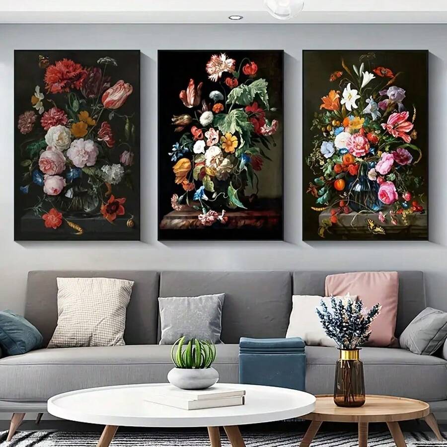 Bộ 3 bức tranh vải canvas treo tường hình mẫu đơn cổ điển hiện đại với thiết kế cây cối và hoa, thích hợp để trang trí tranh phòng khách, không có khung - Nhiều màu - Xem 1
