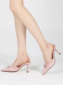 Women Fashion Stiletto Faux Suede Thin High Heel Pumps Pointy Toe Elegant Bowknot Elegant Mules Shoes - 粉色 - 查看 3