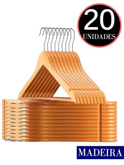 20 Cabides De Madeira PREMIUM Marfim Gancho Prata Closet e Guarda Roupa