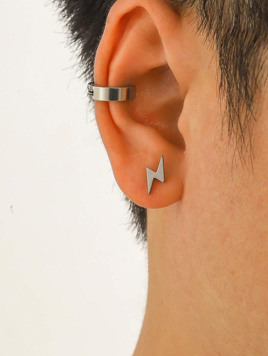 2pcs Fashionable Stainless Steel Lightning Bolt Spiral Earring For Men - White - View 1