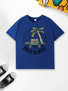 Young Boy Fashionable And Street Style Letter And Coconut Tree Print T-Shirt For Spring And Summer - Blue - View 1