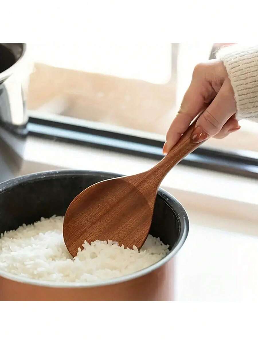 1件裝木製湯匙,廚房木製米勺,不沾鍋勺,耐熱烹飪勺,炒菜木鏟,適用不沾鍋具,廚房用具 - 咖啡棕 - 查看 1