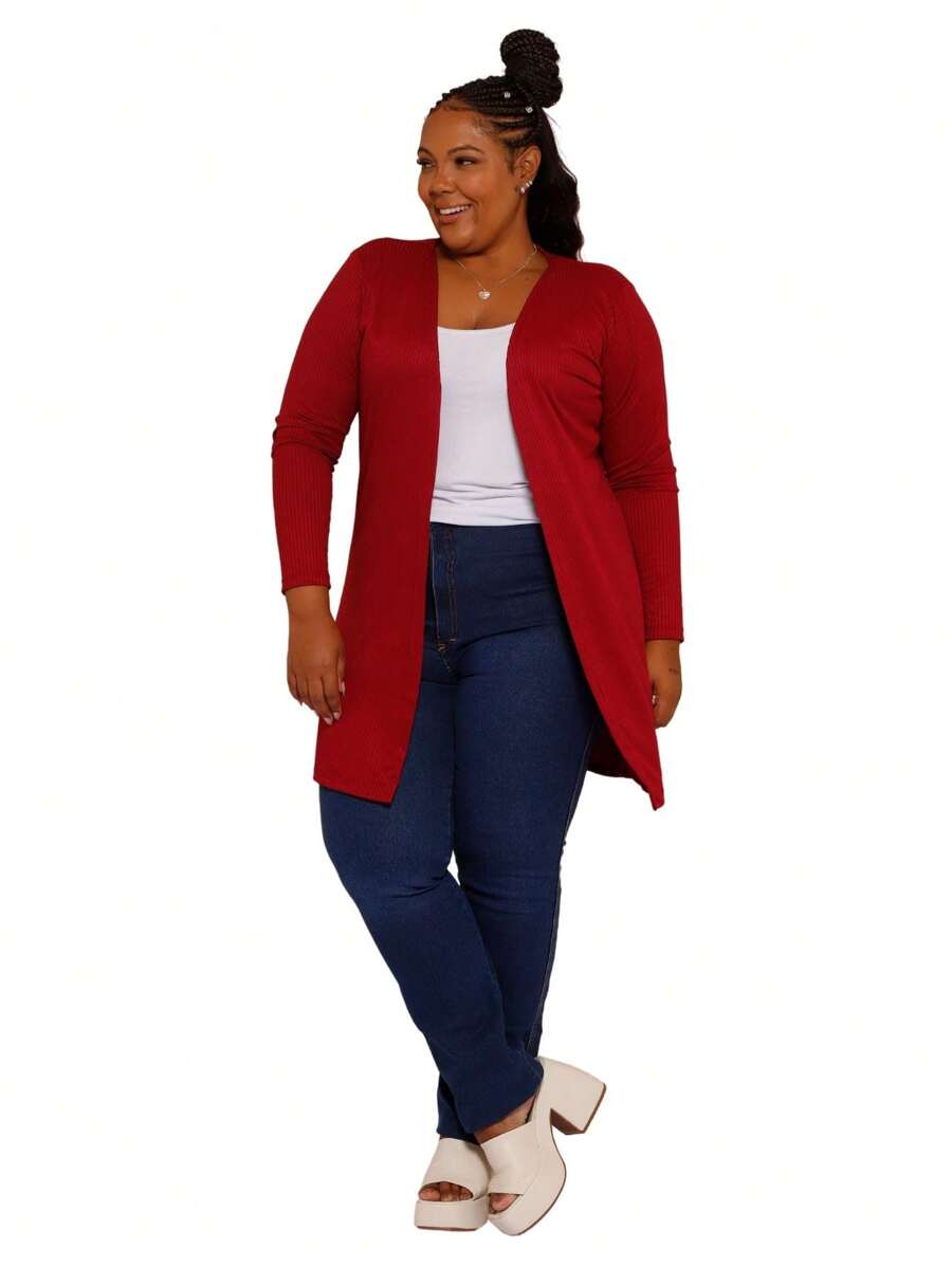 Plus Size Cardigans - バーガンディ - チェックする 1