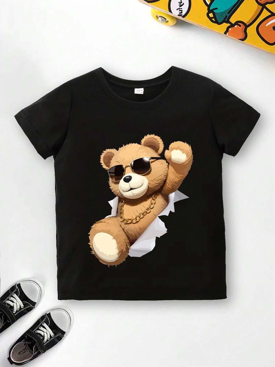 Young Boy Street Fashionable Cute Bear Printed Round Neck T-Shirt For Spring And Summer 2024