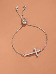 1pc Minimalist Cross & Rhinestone Decor Stretch Bracelet For Women, Gift For Date - Silver - View 2