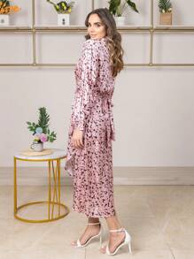 Asymmetrical Long-Sleeved Button-Front Shirt Dress With Belt Big Brand Simple Temperament Silk Satin Texture Printed Shirt Long Sleeve Closed Pleated Dress Irregular Dress Straight Skirt Wrap Skirt - 粉色 - 查看 5