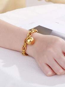 1 pièce Bracelet à pendentif boule en acier inoxydable doré et poli miroir à chaîne épaisse, style rétro, accessoire quotidien . Cadeau pour la Saint-Valentin, anniversaire, pour couples, mère, fête des mères