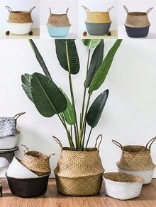 Woven Storage Basket Folding Clthoes Laundry Basket Straw Wicker Rattan Storage Flower Pot Beach Picnic Basket - D - View 5