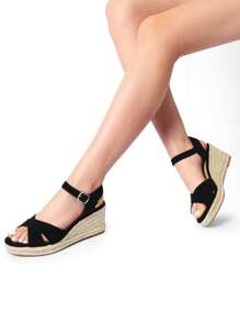 Women's Platform Wedges Sandals Espadrille Dressy Casual Summer Comfortable High Heeled With Adjustable Buckle Shoes - 黑色 - 查看 7