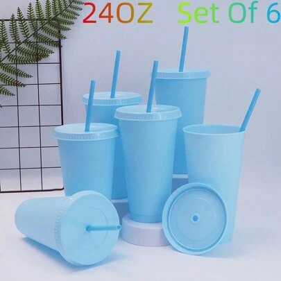 1pc/5pcs/6pcs Reusable 24oz Tumblers, With Straw And Lid Free Cold Coffee Cup For Parties And Drinking On The Go Perfect For Wedding/Birthday Party/Festivals,Washable And Reusable,