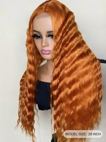 Peruca Encaracolada Sintética De 71 Cm De Comprimento Com Ondas Profundas, Peruca Sintética De Ondas Naturais Com Scalp Falso Na Cor Laranja Para Mulheres - Laranja - Ver 4