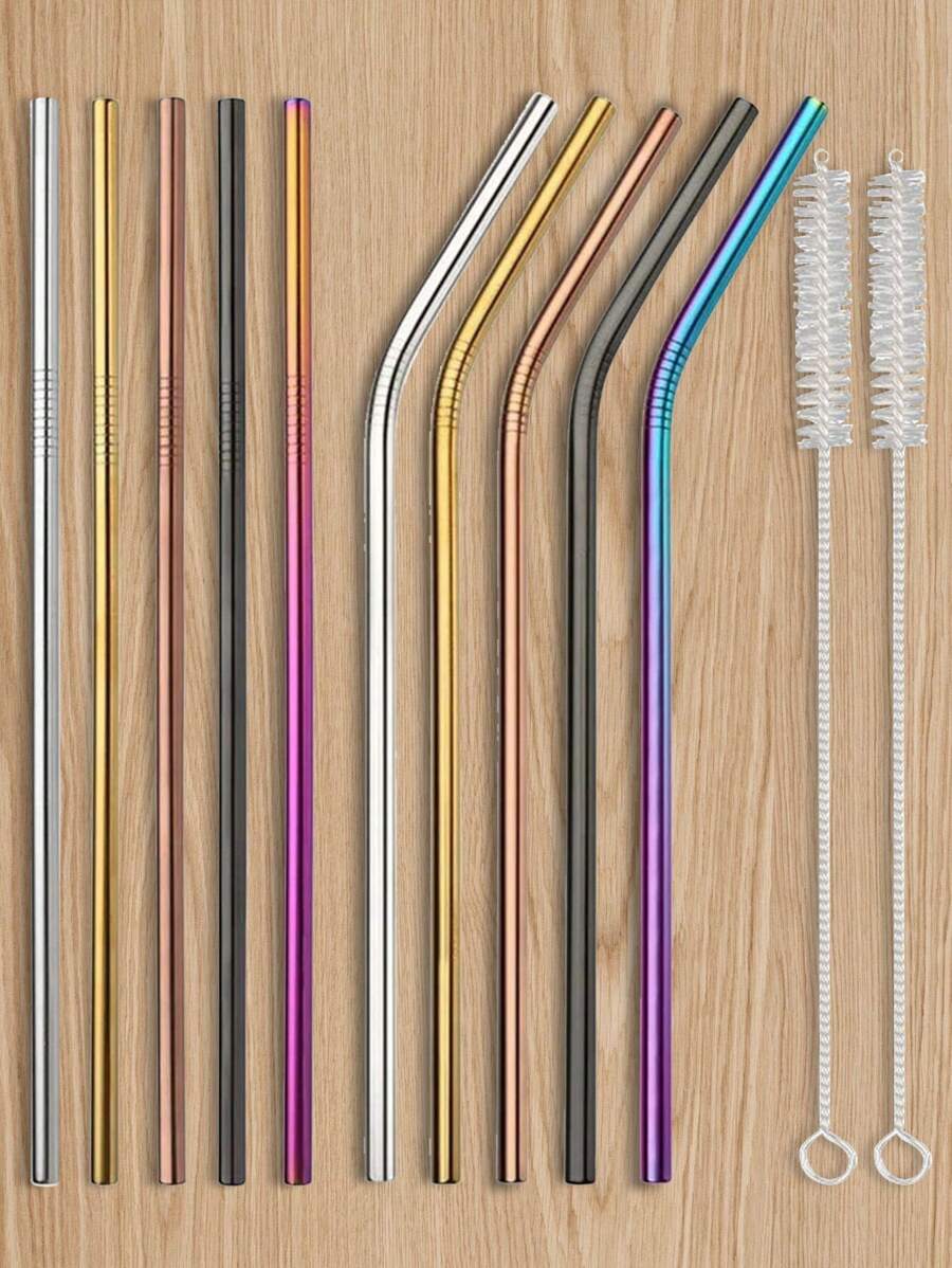 5pcs Stainless Steel Straws With 2pcs Cleaning Brush, Kitchen, Christmas Gift Back To School,School Supplies - Multicolor - View 1