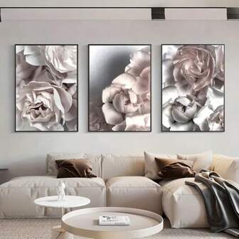 3入組北歐風灰色和粉色牡丹帆布藝術海報,極簡主義寫實藝術裝飾畫,適用於客廳/臥室/家居牆壁裝飾,無框設計