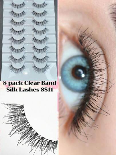 8對透明帶自然光感薄絲睫毛,隱形帶人髮睫毛,輕鬆睫毛短,無重感裸帶睫毛