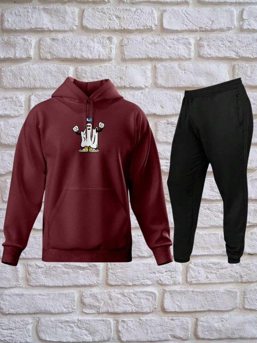 Men Hoodie & Sweatshirt Co-Ords - 酒紅色 - 查看 1