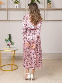 Asymmetrical Long-Sleeved Button-Front Shirt Dress With Belt Big Brand Simple Temperament Silk Satin Texture Printed Shirt Long Sleeve Closed Pleated Dress Irregular Dress Straight Skirt Wrap Skirt - 粉色 - 查看 2