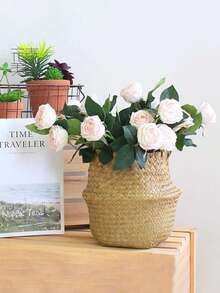 Woven Storage Basket Folding Clthoes Laundry Basket Straw Wicker Rattan Storage Flower Pot Beach Picnic Basket - D - View 7