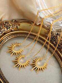 1件不锈钢太阳吊坠项链，时尚设计，男女皆宜 - 金黃色 - 查看 5