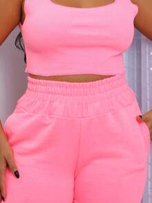 Conjunto Calça Feminina Jogger mais Cropped blusinha Ribana Moda Luxo Ref 02 - Rosa chiclete - Visão 5