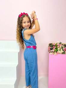 Macacão jeans WidLegging Urso Infantil Moda Bloguerinha - Multicolorido - Visão 4