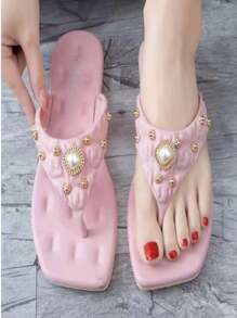 Sandalias pata de gallo con apliques de perlas, sandalias de buena calidad para mujeres - Rosa - Ver 3