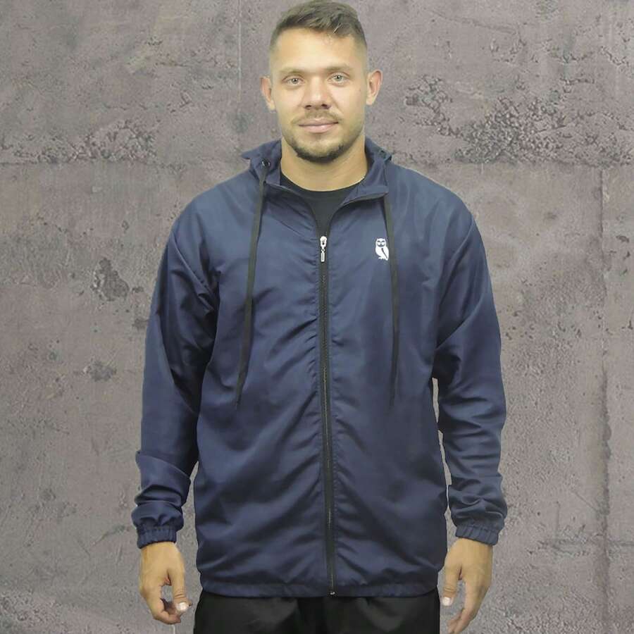 Jaqueta Corta Vento Poliester Tecido Leve Preto e Branco Casual - Azul - Visão 1