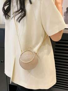 Lightweight,Business Casual Mini Circle Bag Glamorous Rhinestone Decor With Chain Evening Bag,Dinner Bag Glamorous,Elegant,Exquisite,Quiet Luxury Rhinestone For Party Girl,Woman,Bride Perfect For Party,Dinner/Banquet(15*15*15Size)