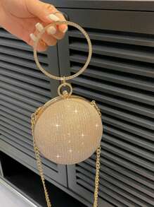 Lightweight,Business Casual Mini Circle Bag Glamorous Rhinestone Decor With Chain Evening Bag,Dinner Bag Glamorous,Elegant,Exquisite,Quiet Luxury Rhinestone For Party Girl,Woman,Bride Perfect For Party,Dinner/Banquet(15*15*15Size)