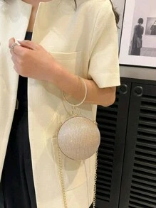 Lightweight,Business Casual Mini Circle Bag Glamorous Rhinestone Decor With Chain Evening Bag,Dinner Bag Glamorous,Elegant,Exquisite,Quiet Luxury Rhinestone For Party Girl,Woman,Bride Perfect For Party,Dinner/Banquet(15*15*15Size)