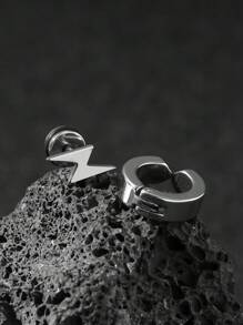 2pcs Fashionable Stainless Steel Lightning Bolt Spiral Earring For Men - White - View 2