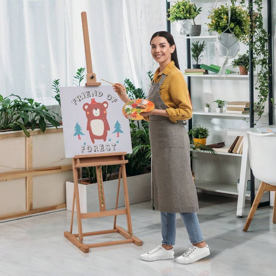 Vinsetto Cavalletto Pittura Grande in Legno di Faggio, Cavalletto da Disegno Regolabile con Vano Contenitore, 53x50.5x171-230cm - Beige - Visualizzare 1