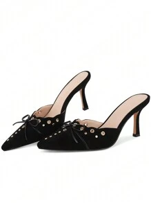 Women Fashion Stiletto Faux Suede Thin High Heel Pumps Pointy Toe Elegant Bowknot Elegant Mules Shoes - 黑色 - 查看 5