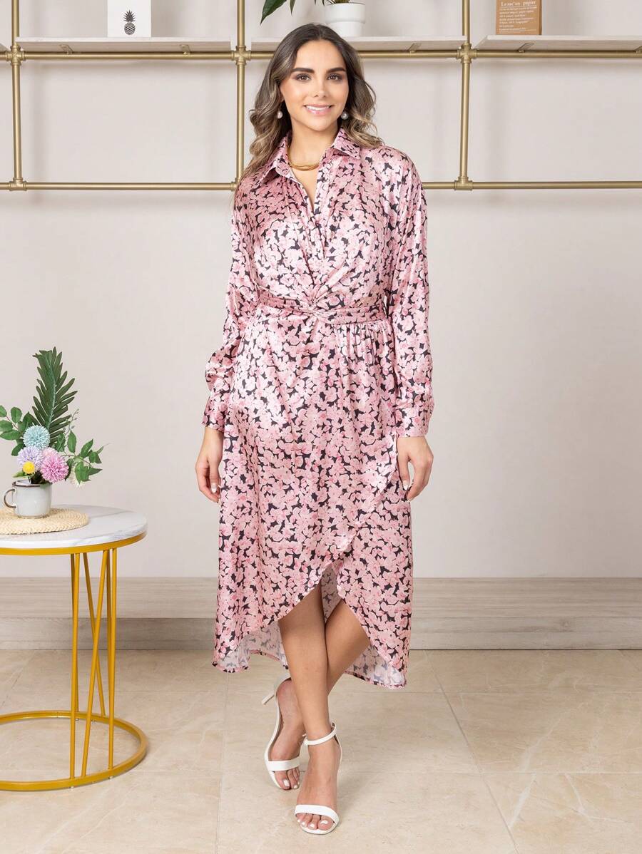 Asymmetrical Long-Sleeved Button-Front Shirt Dress With Belt Big Brand Simple Temperament Silk Satin Texture Printed Shirt Long Sleeve Closed Pleated Dress Irregular Dress Straight Skirt Wrap Skirt - 粉色 - 查看 1