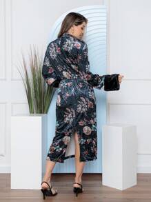 Quimono Impressão Floral EN VELUDO - Preto - Visão 4