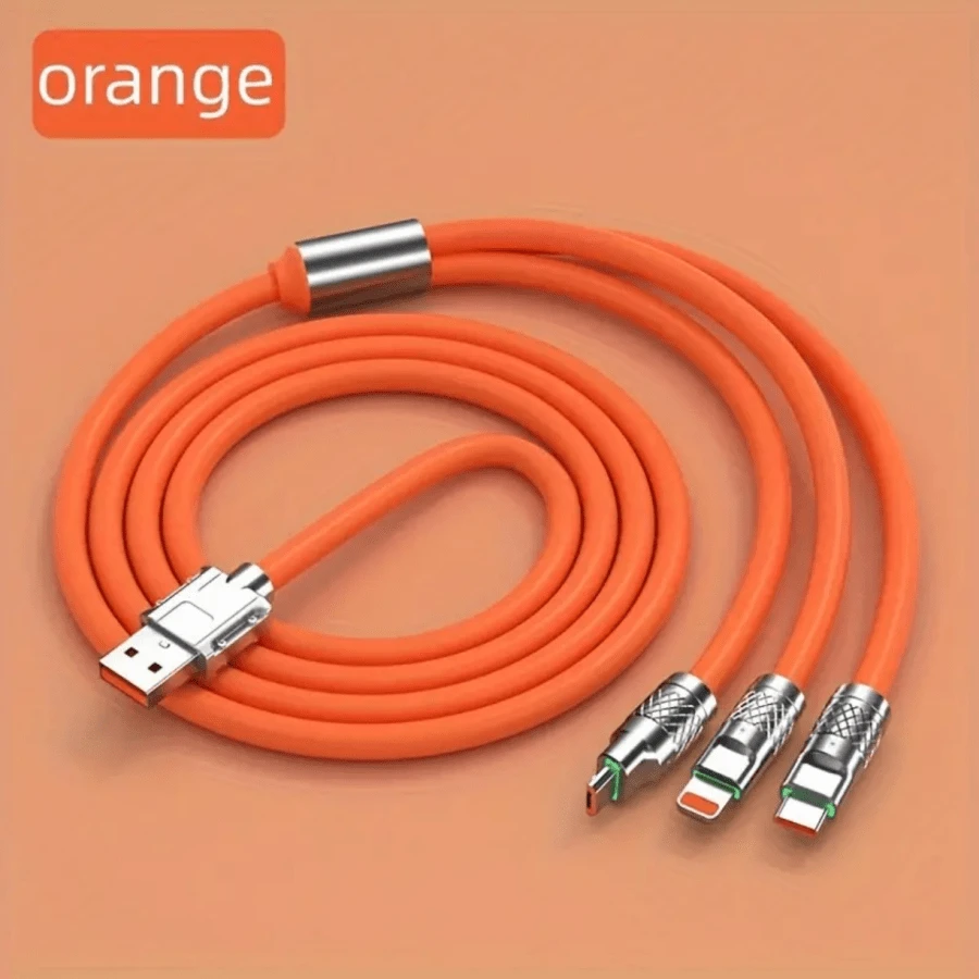 1pc 6A 120W MFI Portable USB Fast Charging Cable, Colorful And With Flash, 3 In 1, For IPhone And Android Phones - Orange - View 1