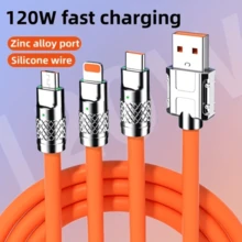 1pc 6A 120W MFI Portable USB Fast Charging Cable, Colorful And With Flash, 3 In 1, For IPhone And Android Phones - Orange - View 4