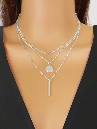 3pcs Minimalist Silver Layered Chain Disc Stick Pendant Necklace Women Daily Working Jewelry