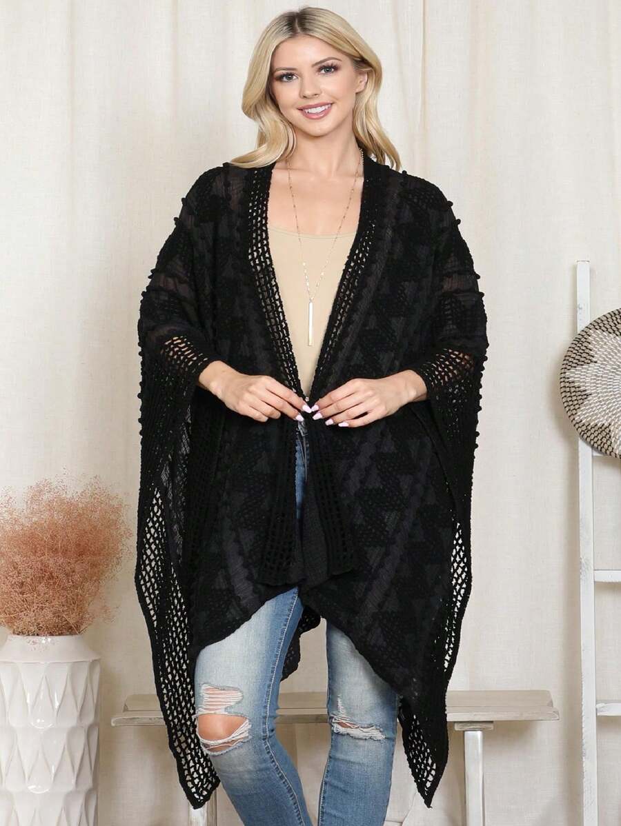 Zigzag Pompom Crochet Palmer Kimono - 黑色 - 查看 1