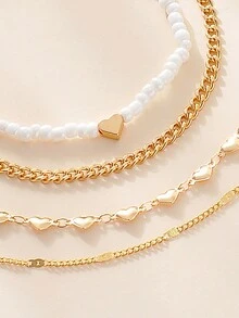 4入組個性時尚心形珠飾女士手鍊套裝,適合女性和女孩日常佩戴、約會、送禮、飾品裝飾 - 金色 - 查看 3