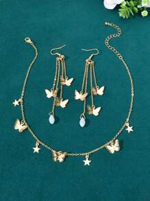 3pcs Fashion Star Butterfly Charm Gold Chain Necklace Tassel Butterfly Pendant Earrings Party Jewelry Set - Gold - View 2