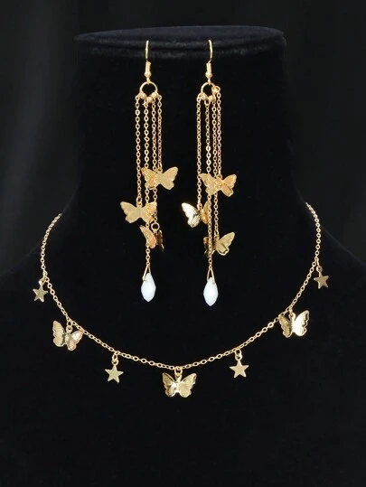 3pcs Fashion Star Butterfly Charm Gold Chain Necklace Tassel Butterfly Pendant Earrings Party Jewelry Set