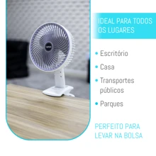 Ventilador Mesa Portátil Multifunção USB Recarregavel Silencioso 3 potencias com Clipe 3 Pás 4 Modos - Branco - Visão 6