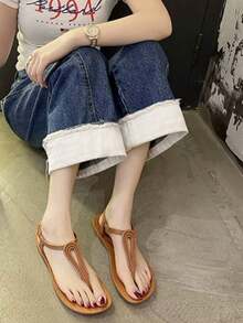 2024新款夏季流行女式開放式扁平涼鞋,防滑柔軟大底,休閒羅馬鞋,適合海灘度假和旅行 - 摩卡棕 - 查看 1