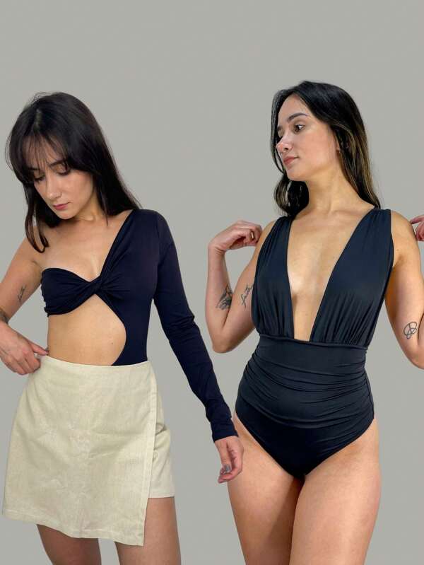 Kit Duo Body 2 Bodies Favoritos Preto e Branco Poliamida Luxo Outono Inverno It Girl Old Money Blogueira Confortável