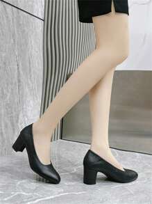 女士黑色皮革舒适软底空姐工作鞋，透气防滑办公室面试正装高跟鞋，粗/中跟女服务员鞋，百搭低帮鞋，2025 年春/秋新款 - 黑色 - 查看 9